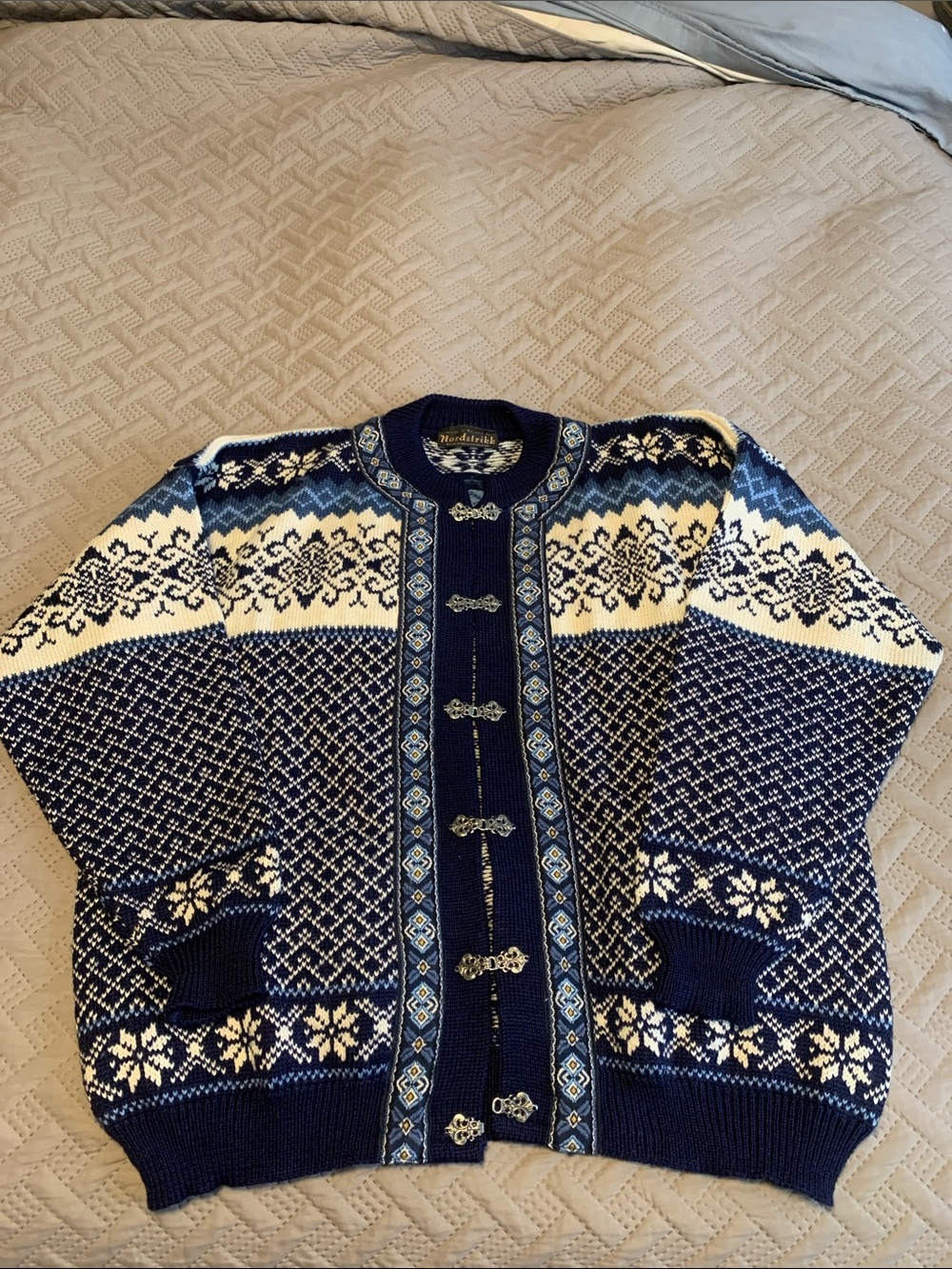 Women's Navy and White Nordic Knit Cardigan Sweater